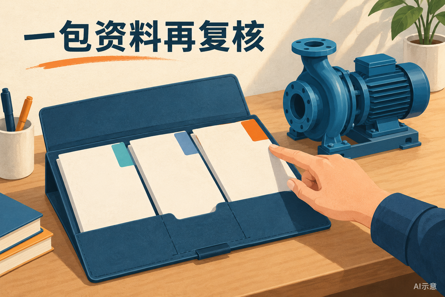 AI示意:资料夹内保留三份不同标签的文件,待核事项没有被盖章放行