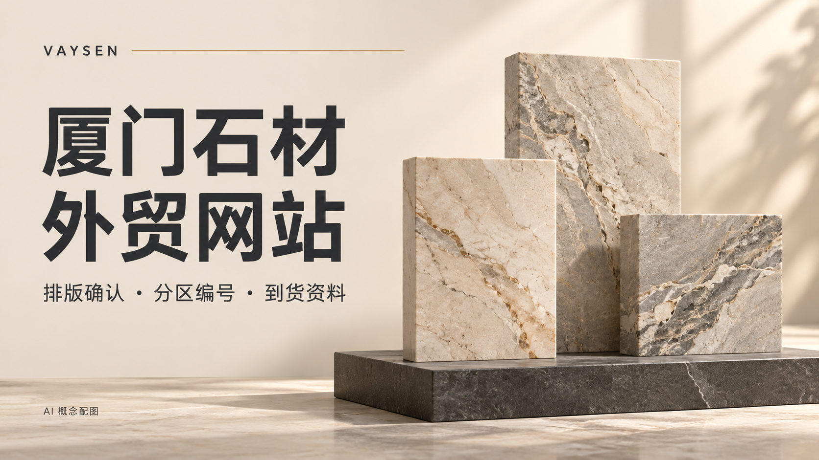 AI概念海报:Vaysen厦门石材外贸网站,排版确认、分区编号与到货资料